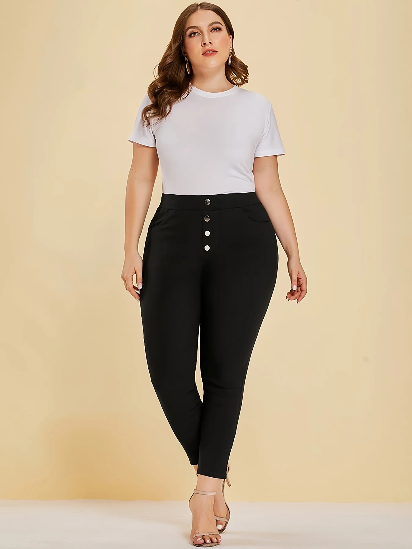 women plus size extreme waisthip style high elastic fabric button n yoga class pants ninequarter pants 250609