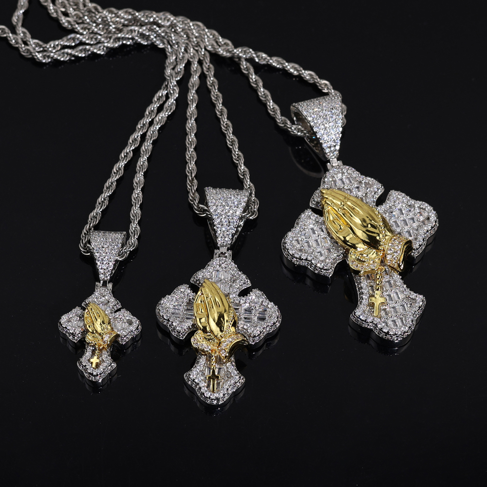 sdzstone 2025 NEW fashion Iced Out Bling Cross Pendant Necklace Praying Hands Pendant Charm For Man Woman Jewelry