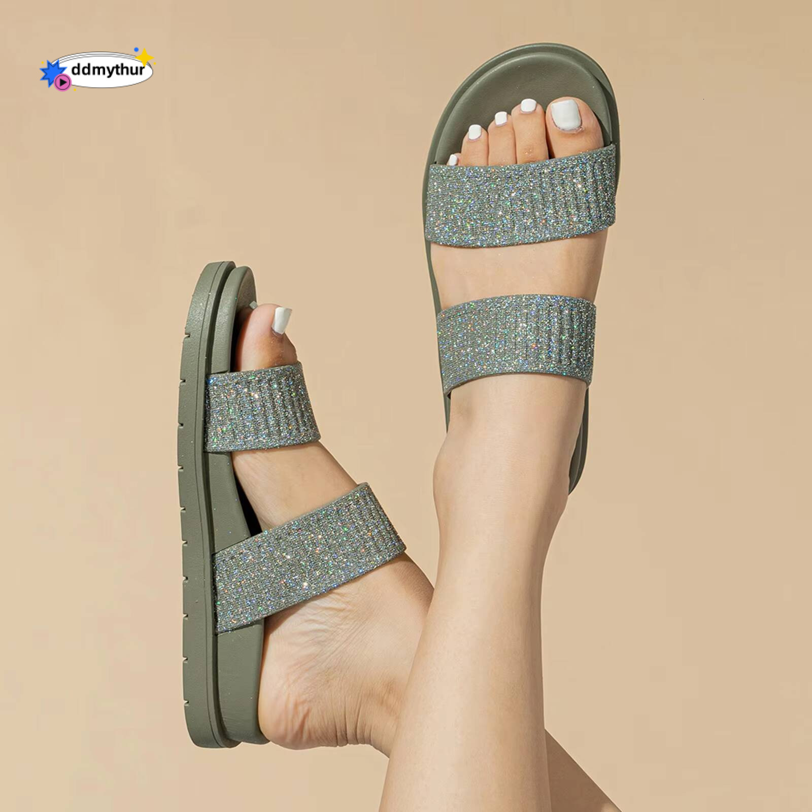 Elastic Band Women's Slipper Sequin Glitter Shoes Female Korean Casual Beach Holiday Indoor Home Non-Slip Thick Sole Slippers ddmythur