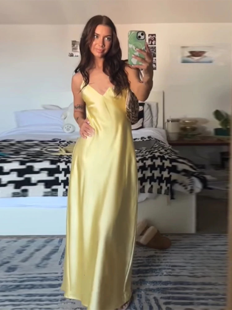 Sexy Yellow Ribbon Silk Satin Sling Dress Women Elegant Sling Collar Backless Long Dresses 2025 Women Beach Vacation Robes 250616