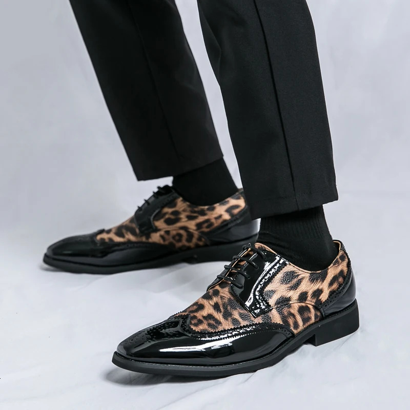 mens lace-up leopard print leather shoes slip-on business casual loafers Hair Stylist Nightclub 47 48 Extra size 250605