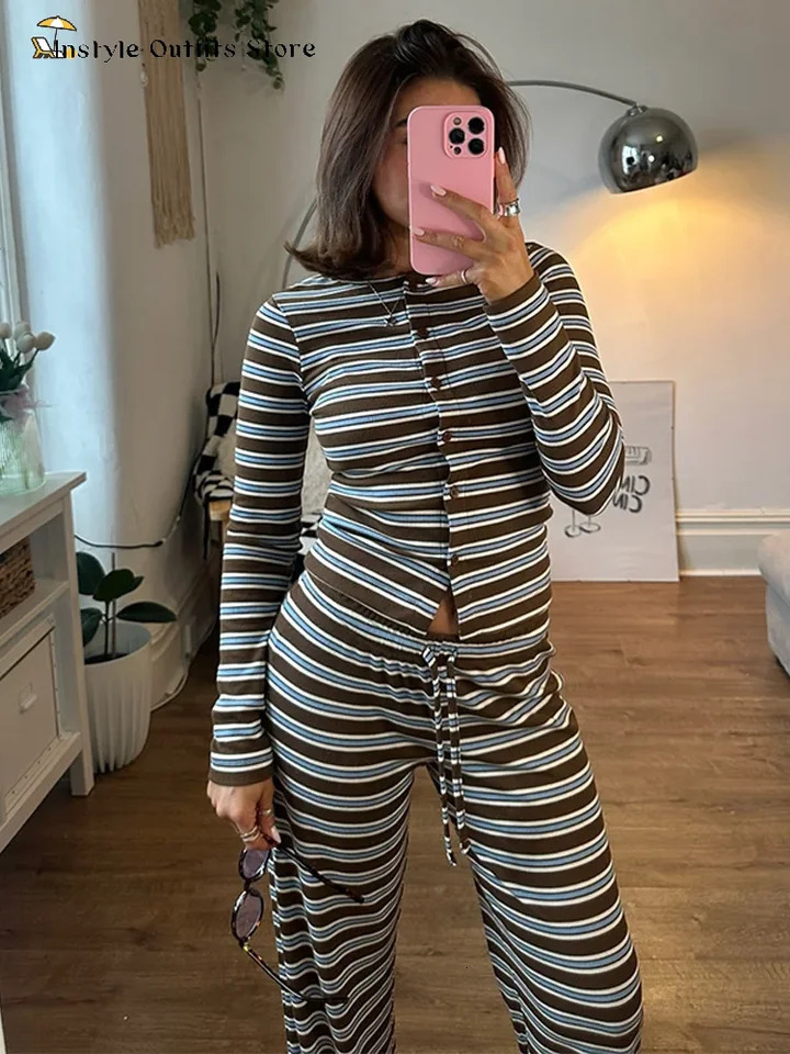 Casual Stripe Pants Suit Women Loose O-neck Buttons Coat Full Sleeves Drawstring Straight Trousers Sets Female Spring Set Lady 250616