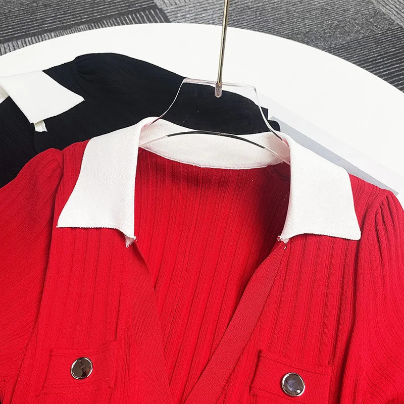 Contrast Single Breasted Knitted Dress For Women Elegant Lapel Short Sleeve Hollow Out Chic Dresses Female Red Black Vestidos 250614