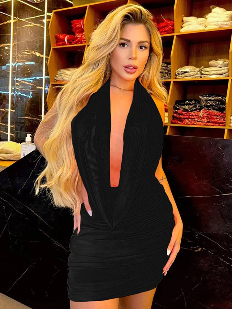 Whatiwear Ruched Elegant 2 Piece Set Women Halter Bandage Backless CamisoleSexy See Through Skirts Midnight Club Party Outfits 250614