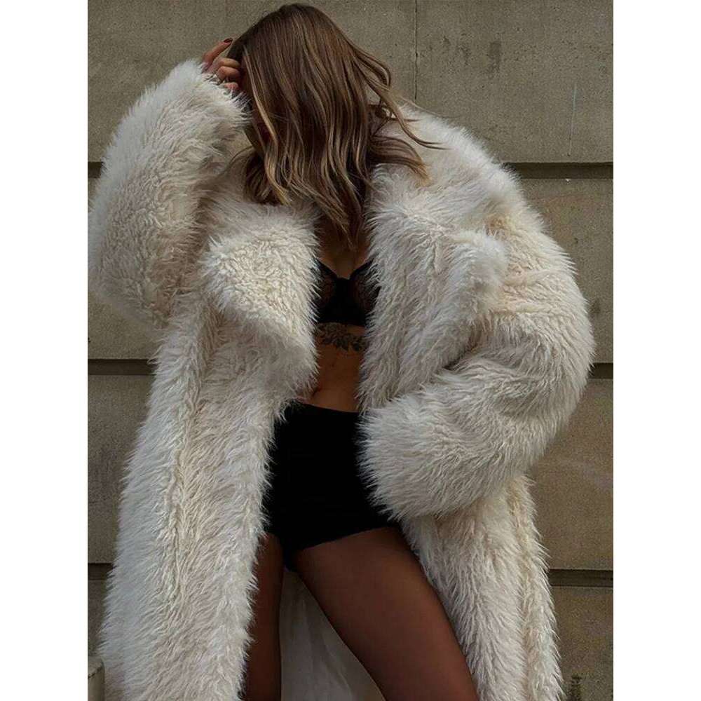 Fashion Fluffy Plush Women's Coat Casual Loose Solid Color Turndown Collar Long Coats Winter Windproof Warm Outerwears