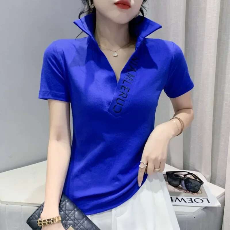 Polo Neck Shirt for Women Embroidery Baggy Plain Woman T Casual Tops Korean Clothing Luxury Basic High Quality Synthetic New