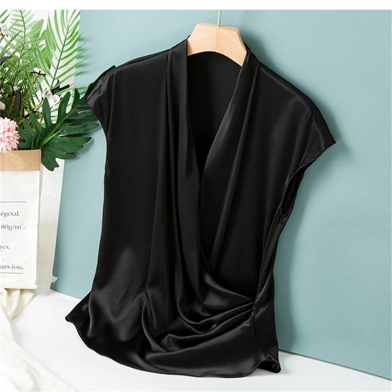 Elegant Satin Women Blouse Sexy V neck Office Ladies Blouses Shirts Casual Solid short sleeve Spring Summer Female Party Tops 250614
