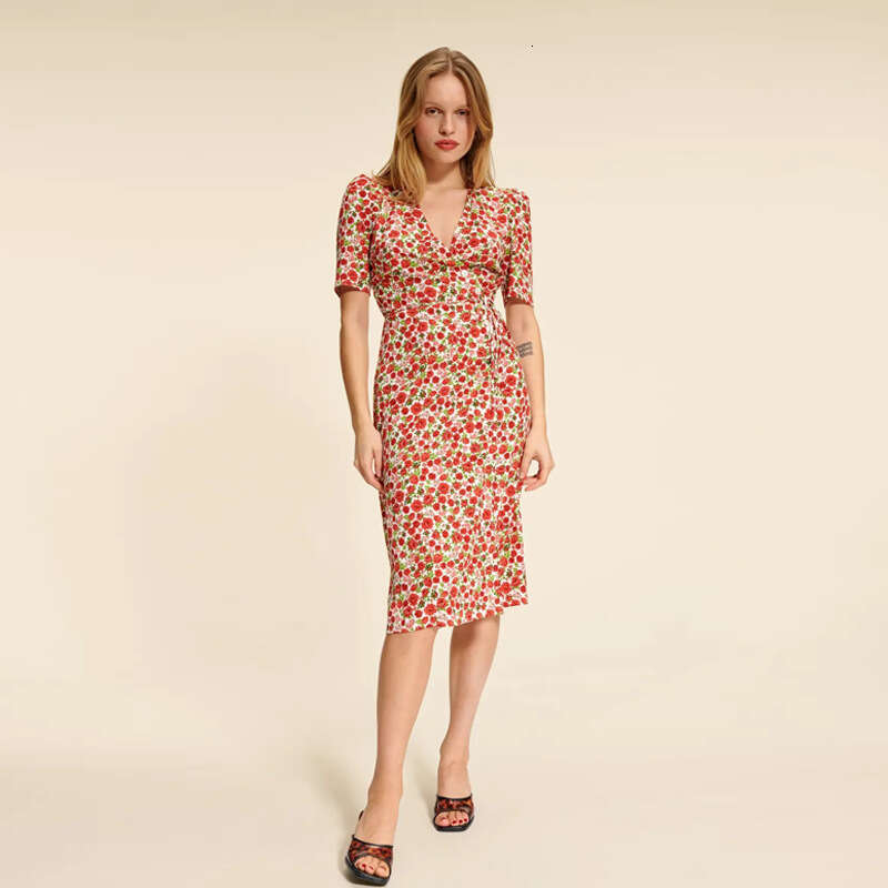 Maxi Dress for Women Luxury Dress Designer Dresses for Women 114 # Summer New 2025 Floral V-neck Short Sleeve Mid-length French Tea Break Wrap Dress w