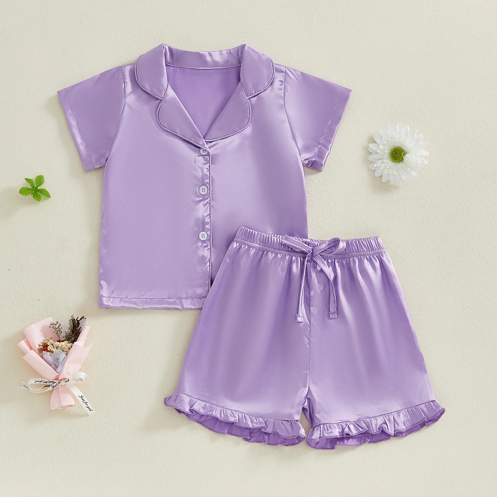 MISOWMNJOY Summer Baby Girls Pajamas Set Satin Silk Solid Color Button Lapel Short Sleeves T-Shirt Ruffled Shorts Kids Sleepwear 250617