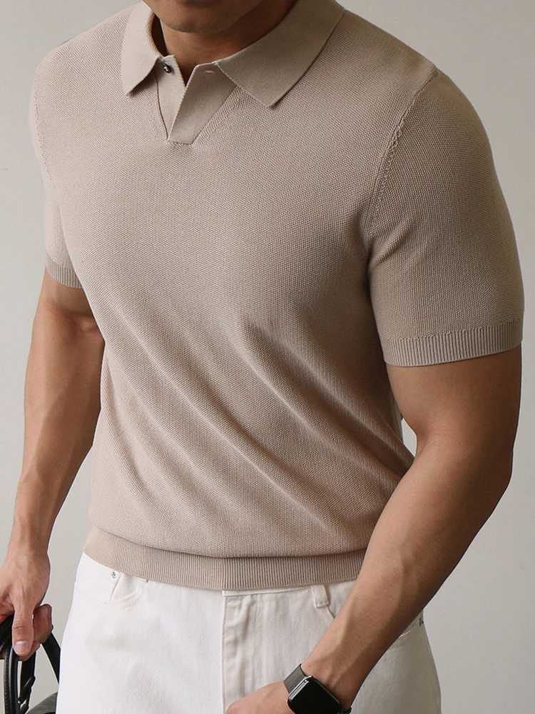 Stylish Solid Color Slim Fit Mens Knit Polo Shirt Summer Vintage Polo Neck Buttoned Tops For Men Daily Casual Short Sleeve Polos XJ250617