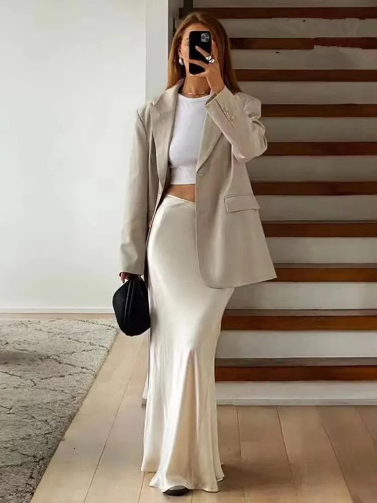 Pink Midi Skirts Women Fashion Elastic Waist Black Skirt Autumn Casual High Waist Satin Long Skirt Womens Chic Skirts 250614