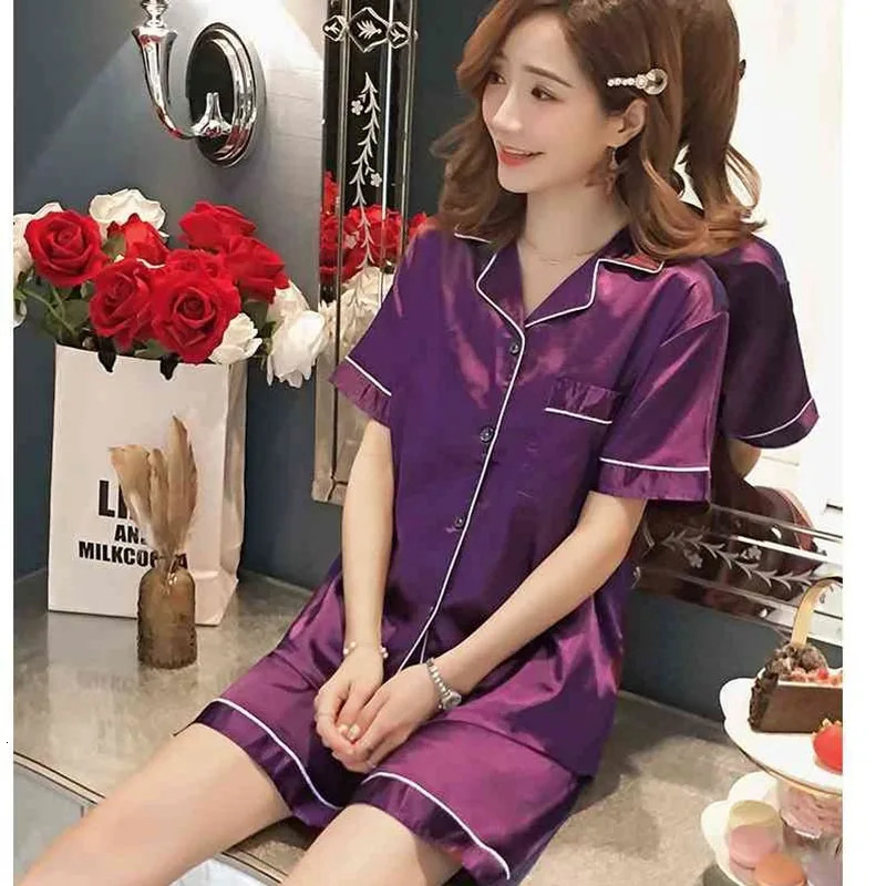 Womens Pajamas Set Satin Sleepwear Button Down Tops and Shorts Pajama 2 Piece Suit Pyjama Femme Nightwear Loungewear for Summer 250616