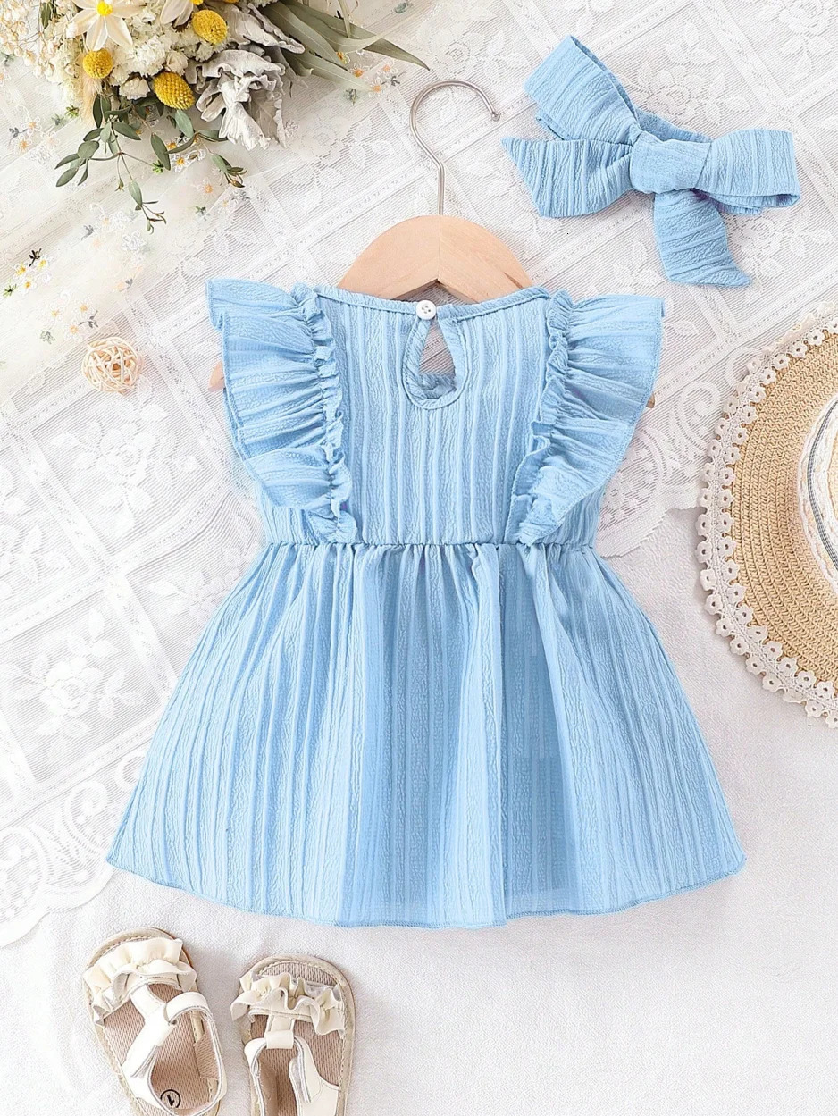 Baby girl Summer Blue dress with Ruffled Edges and Bow Sweet and Cute Style Dress suitable for 0-3 Year old Cute Baby girls 250617