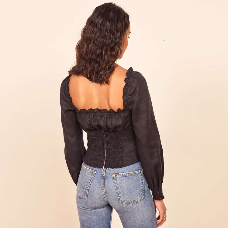 Whitedress Wedding Guest Dress for Women Dress Designer NR155 Linen Blouse Women Summer Black Square Neck Slim Fit Short Long Sleeve Womens Clothing