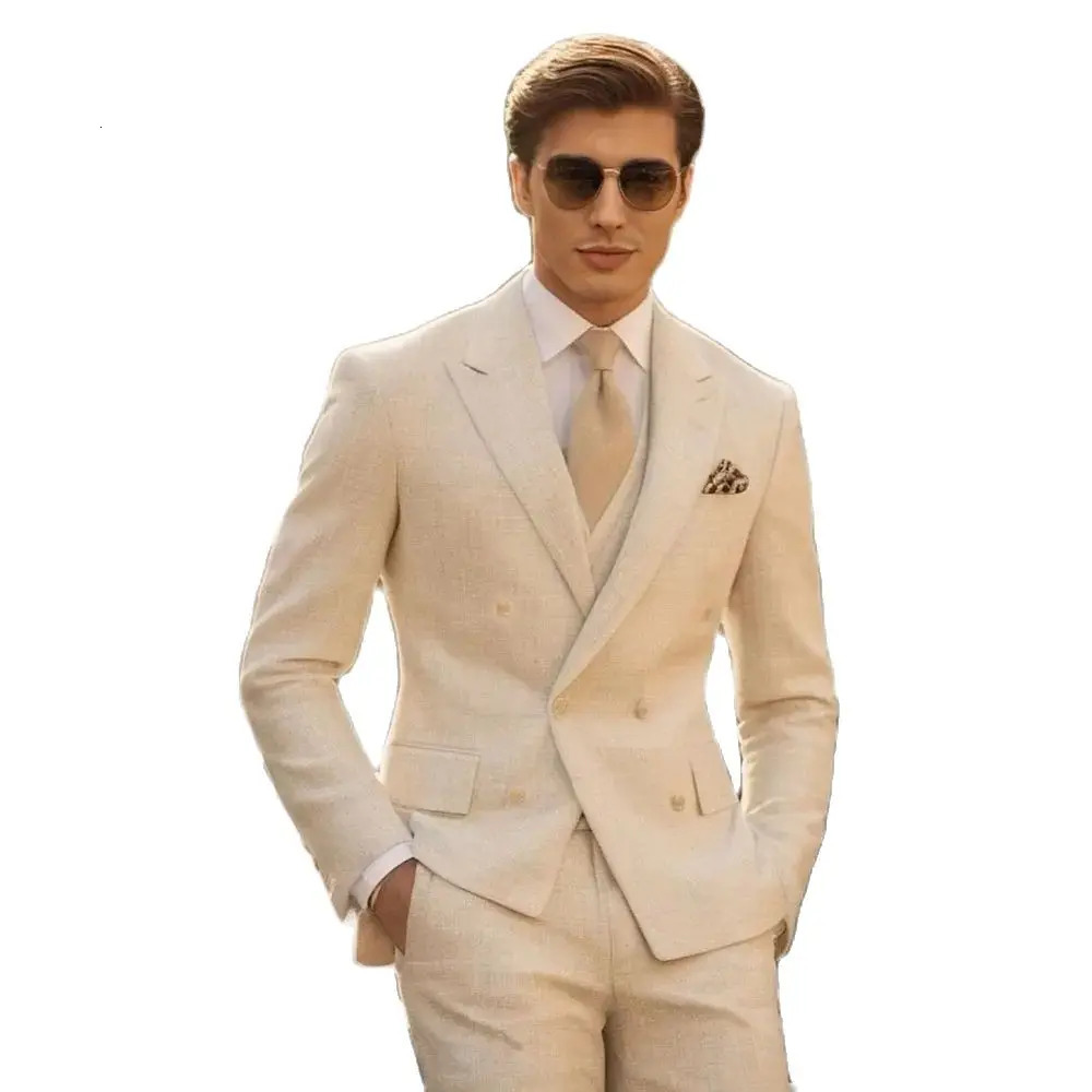 Beige Lapel Men Suits 3 Piece Summer Fashion Double Breasted Formal Clothing Smart Casual Wedding Suit BlazerVestPants 250613Z