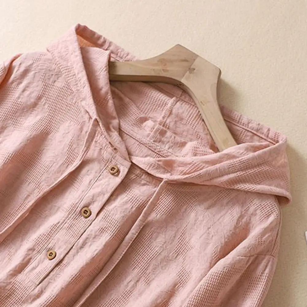 Elegant Women Blouse Shirt Hooded Cotton Linen Solid Color Buttons Half Placket Short Sleeve Top Thin Loose Blouse 250614