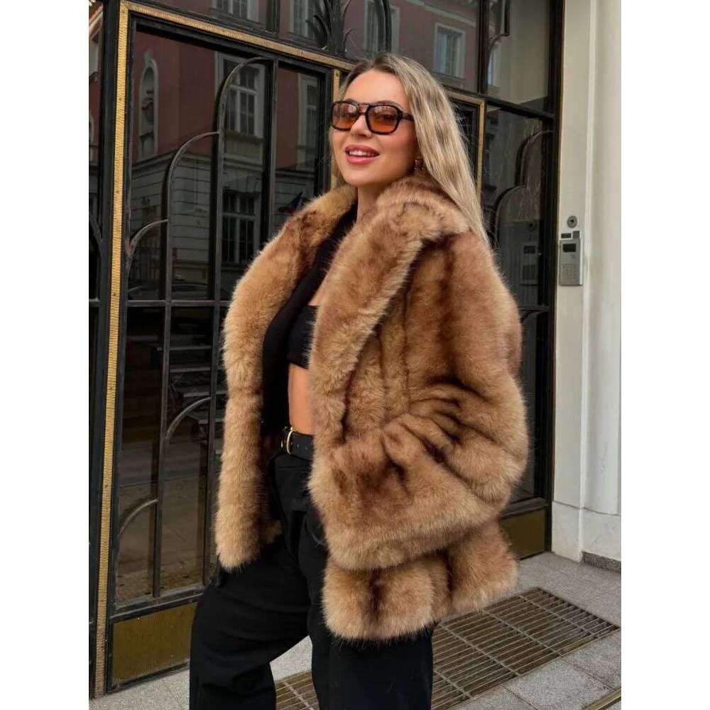 Gold Dyed Pointy Faux Fur Coat Suit Collar Fluffy Short Overcoat Vintage Thickened Warm Loose Fashion Women's Outwear Top Winter