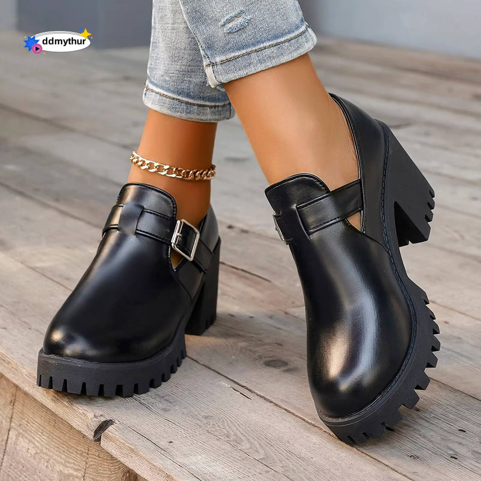 Heel Women'S Fashion Round Head Belt Buckle Single Shoes Chunky High Heels Casual Close Toe Wedge Sandals For Women ddmythur