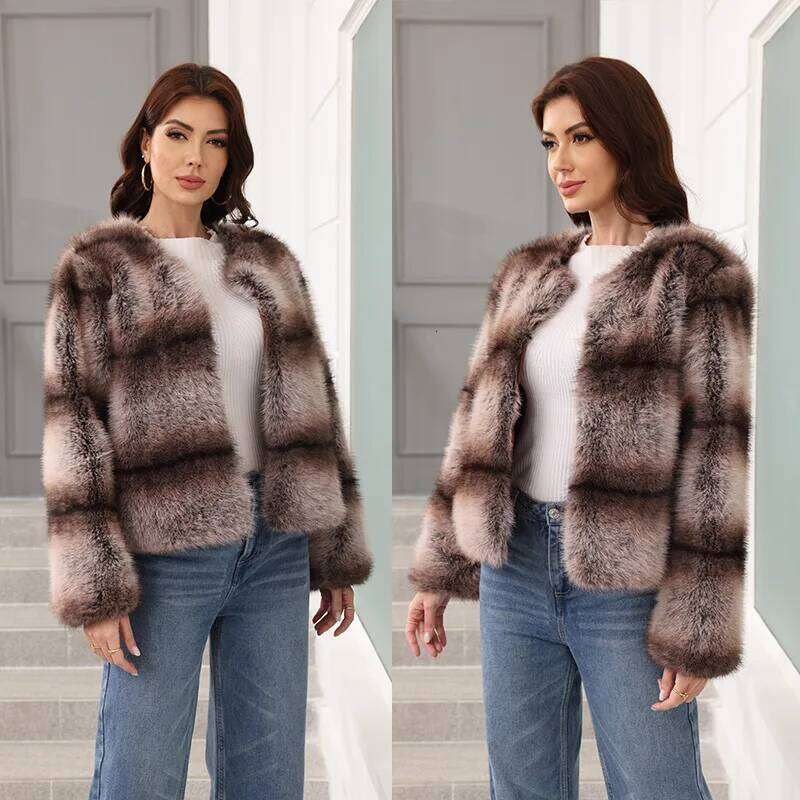 2025 New Autumn Winter Coat Women's Wide and Vertical Stripes Fox Round Neck Short Imitation Fur Jack