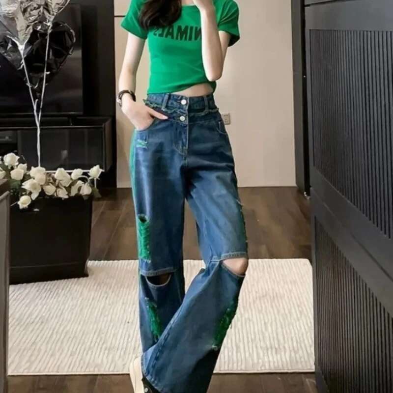 With Holes Female Cowboy Pants Wide Leg Womens Jeans Korean Popular Clothes Japanese Y2k 2000s Trend 2025 Pant Grunge Trousers