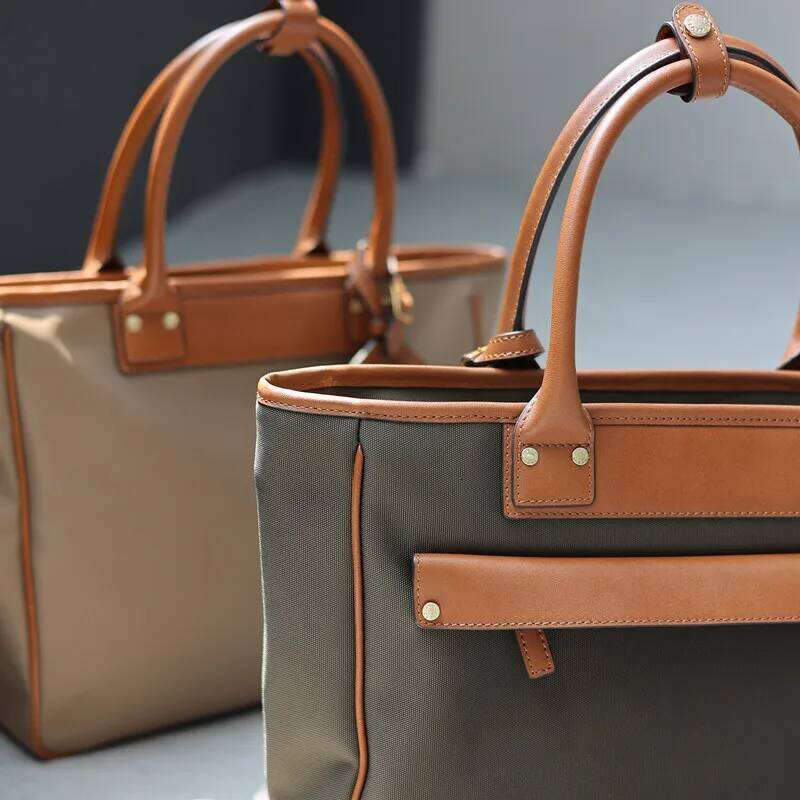 Classic Women Briefcase High Quality Tote Bag Large Capacity Commuting Handbag No Crease Nylon With First Layer Oil Wax Leather