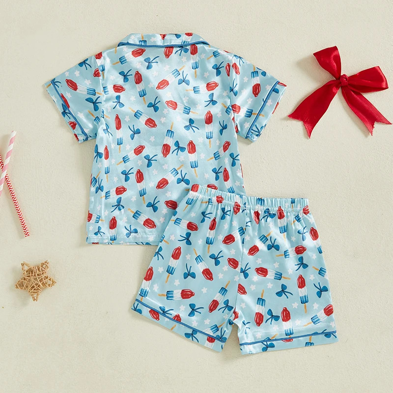 Women s American Flag Print Pajama Set with Bow Detail and Button-Up Shirt Short Sleeves and Elastic Waist Shorts for 250617