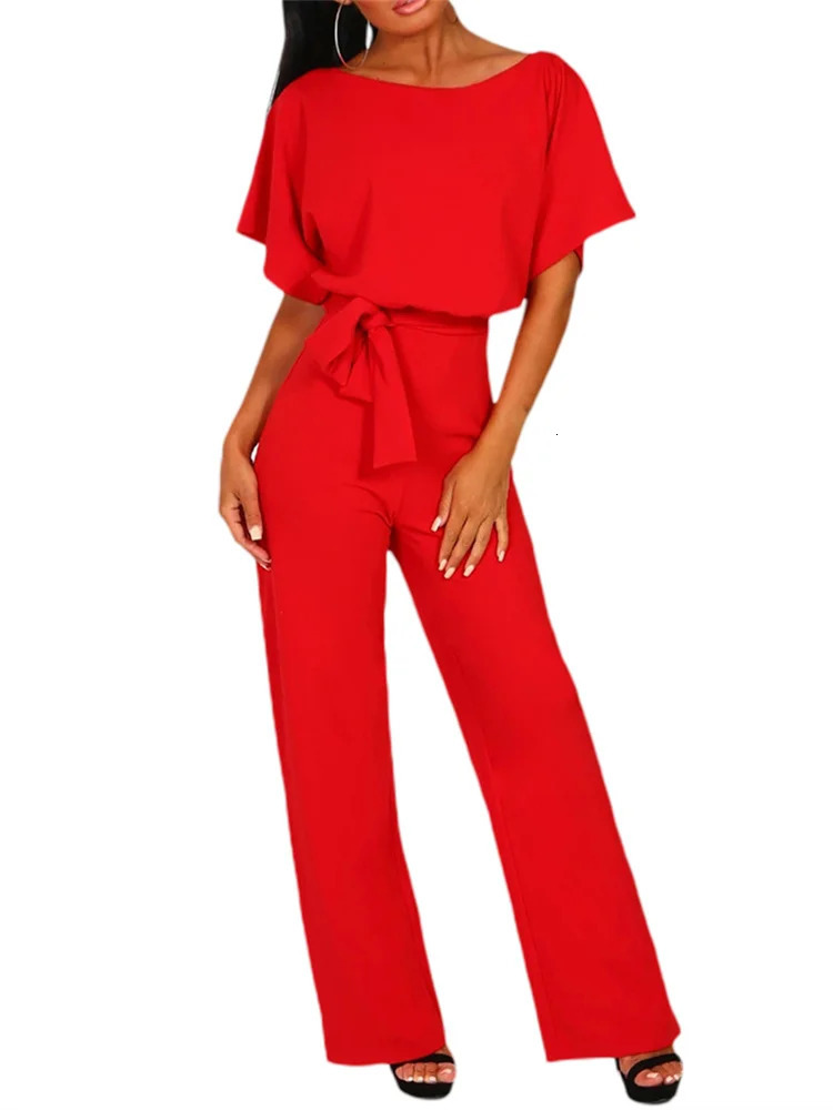 Women Jumpsuits Elegant Solid Color Flare Short Sleeve Waist Tie Wide Leg Pants Romper Summer Streetwear 250616