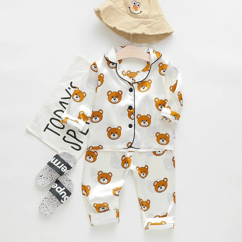 Children Silk Satin Pajamas Set Baby Boys Girls Cartoon Little Bear Tops Trousers 2Pec Spring Autumn Kids Casual Home Sleepwear 250617