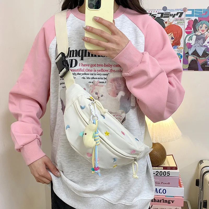 Candy Color Embroidery Cute Fanny Pack Woman Lightweight Portable Casual Sport Chest Bag Japanese Style Kawaii Crossbody Bag 250614