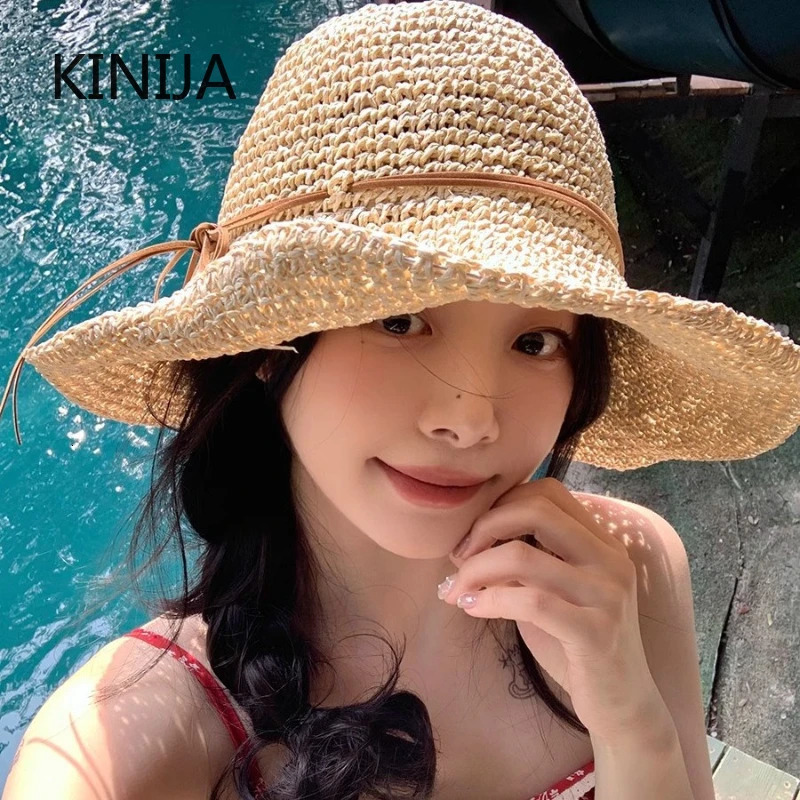 Holiday Sle Beach Fisherman Hat Seaside Sun Protection Sun Hat Large Brim Bow Woven Straw Hat Women Panama Chapeau Korean 250616