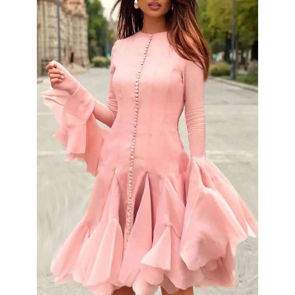 Designer Clothing 2025 Pink Patchwork Ruffle For Women Round Neck Flare Sleeve High Wait Slim Elegant Midi 107Cm Dress Female 2025