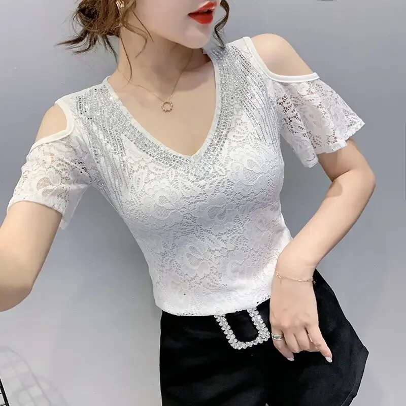 Lace Female Top V Neck Womens T-shirt Kpop Korean Clothing Reviews Clothes Popular Cheap Y2k Fashion 2025 Streetwear Pulovers