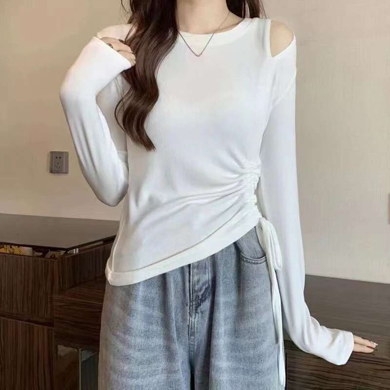 Slim Womens T Shirts 2025 Brown Clothes Off Shoulder Female Tops Plain Aesthetic Tshirts 90s Vintage New in Korea Stylish Tees