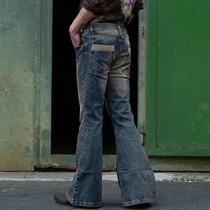 Vintage Mens Big Flared Jeans Male Youth Four Seasons Casual Deep Blue Denim Pants Fashion High Waist Trousers Streetwear 250616