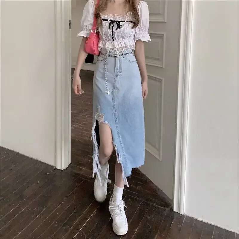 Woman Denim Skirt Wrap Midi Tight Vintage Chic and Elegant Stylish Korean Fashion Summer 2025 Modest Y2k Jeans Skirts for Women