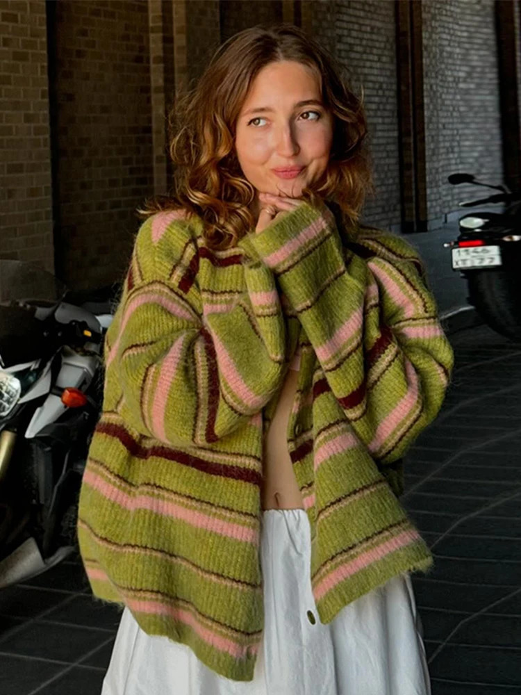Elegant Stripe V Neck Women Sweater Single Breasted Loose Knitted Lady Cardigan Autumn Elegant Full Sleeve Female Coat 250616