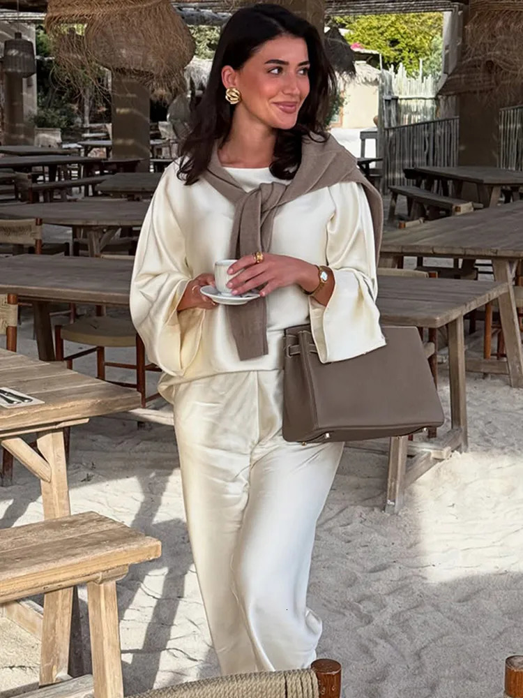 White Satin Long Pants Suit Women Elegant Full Sleeve Round Neck High Waist Loose 2-piece Set 2025 Summer Fashion Lady Wear 250616
