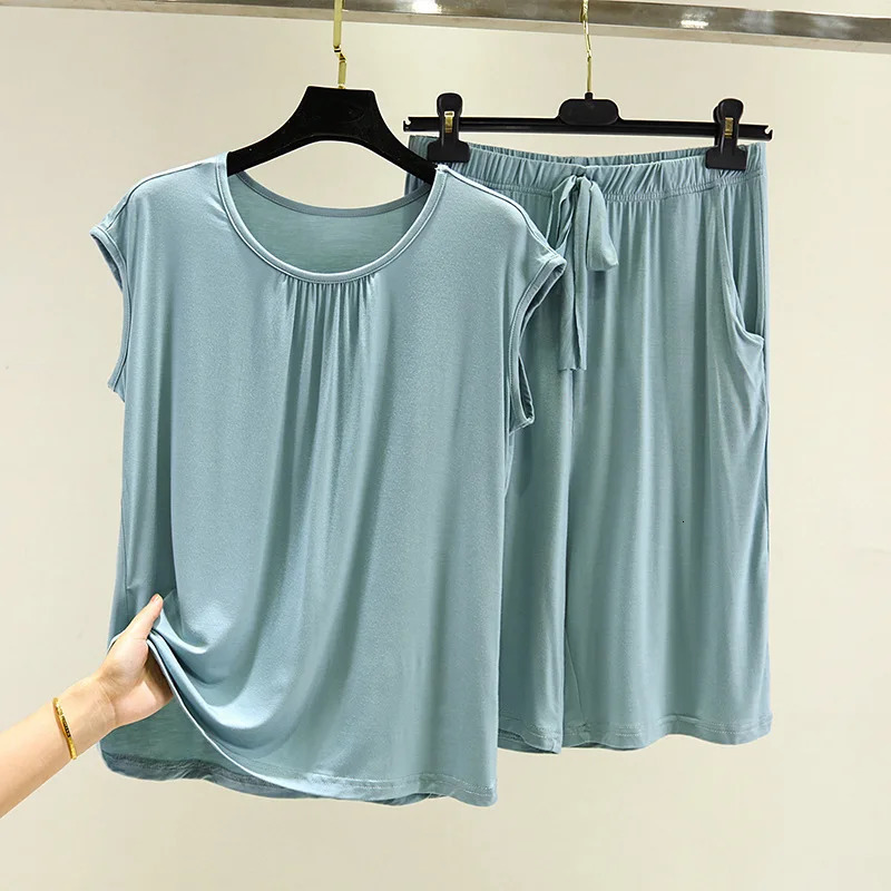 Modal O Neck Sleeveless Shirt Pant Suit Womens Summer Loose Large Size Pajamas Female Sleepwear Pijamas Casual Two-Piece Set 250616