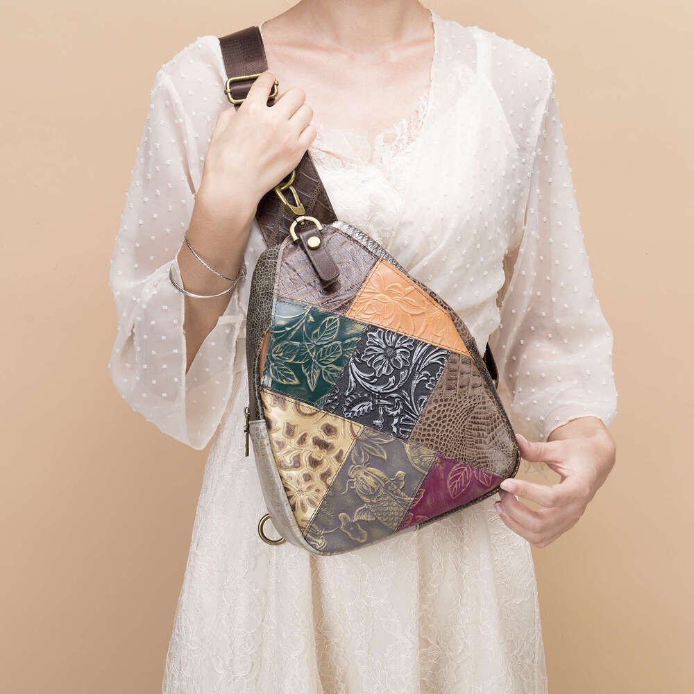 Women's Crossbody bag chest pack bag New Ethnic Style Personality Genuine Leather Chest For Women Ins First Layer Cowhide Patchwork