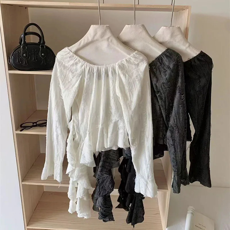 Irregular Patchwork Women T Shirts Y2K Fashion Gothic Ruffled Sleeve Female Tops Streetwear Sexy Hollow Out Hole Casual Tees 250614