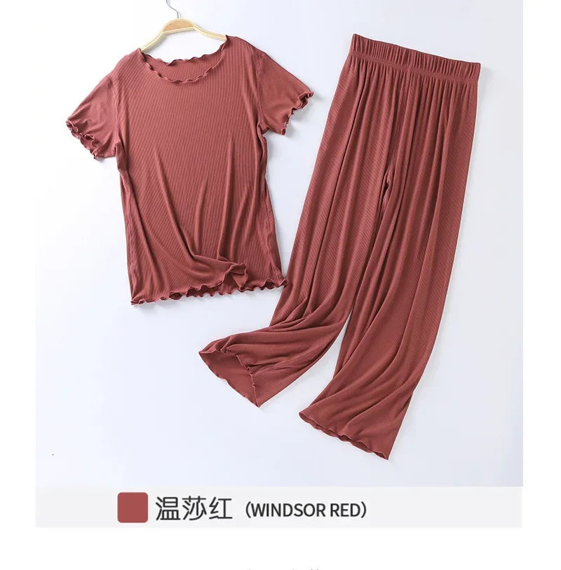 Japanese summer ladies cotton modal short-sleeved nine-point pants suit home service suit womens large size home pajamas 250616