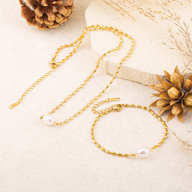 Fashion Round Pearl Necklace Bracelet for Women Stainless Steel Minimalist Style Exquisite Non-Fading Versatile Jewelry Set