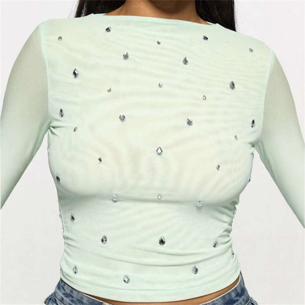 New Women's Fashion Casual Printed Slim Fit Mesh Semi-Transparent Hollow Long Sleeve T-Shirt B5