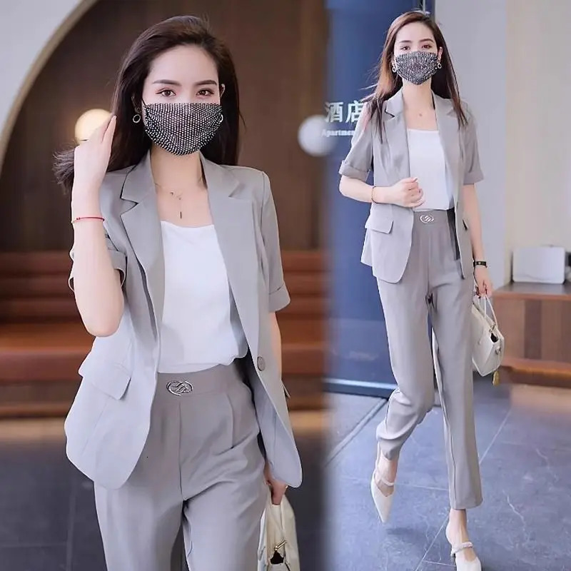 Womens Summer Fashion Short Sleeved Suit Pants Two Piece Korean Elegant Thin Casual Blazers Jacket Trousers Matching Set 250612