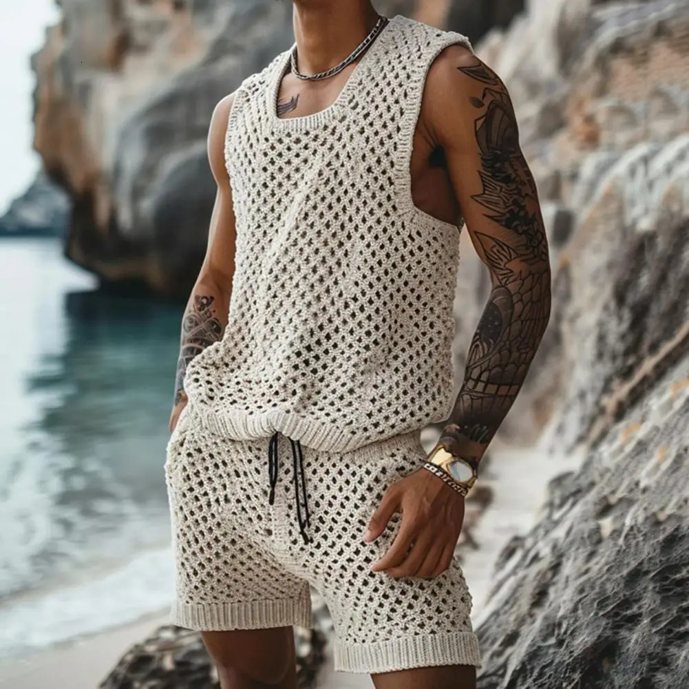 Vest Shorts Set Mens Casual Sleeveless Knit Top Drawstring Shorts Set for Daily Wear Elastic Waist Wide Leg Shorts for Mens 250616