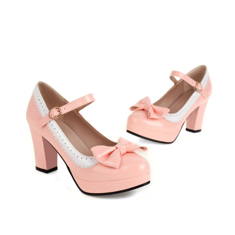 ASILETO Spring Bowtie Cute Pumps Mary Round Toe PU Buckle Strap Sweet 9cm Block Heels Big Size 33- A4089 Green 250613
