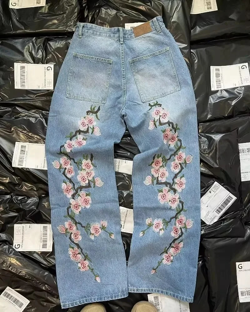 Y2K Baggy Jeans Harajuku vintage cherry blossom Embroidery high quality jeans streetwear Hip Hop gothic men women wide leg jeans 250612