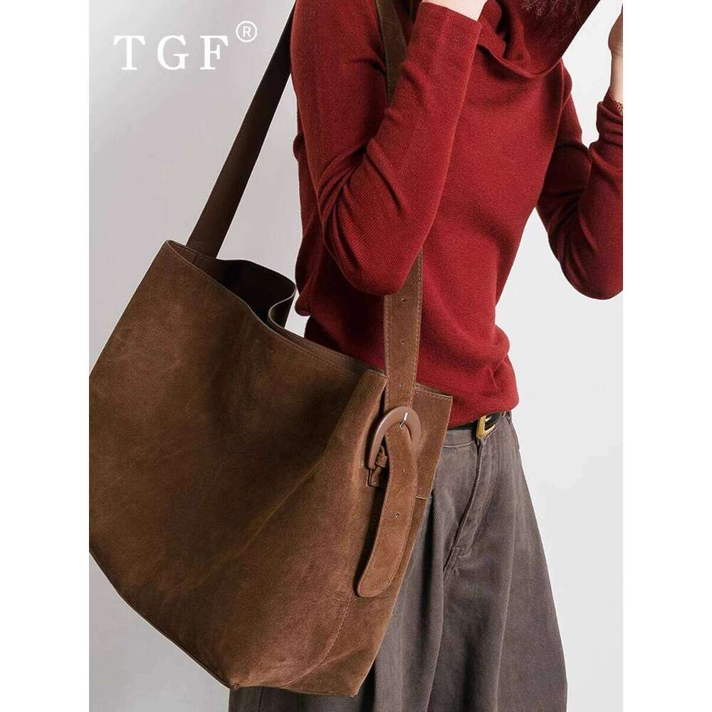 High End Melard Coffee Color Commuter Tote for Women New Suede Single Shoulder Crossbody Bucket Bag