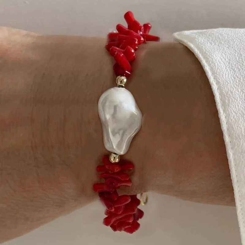 Natural Coral Bracelet for Women Fashion Irregular Faux Baroque Pearl Bracelet Summer Beach Jewelry 250616