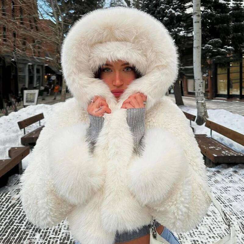 HEYounGIRL Faux Fur Hooded Coat Women Fashion High Street Fluffy White Snow Jacket Winter Warm Slim Outwear Stylish Lady Outfits